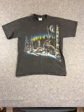 Vintage Wolf Shirt Size M Black Faded Nature Tee 90s